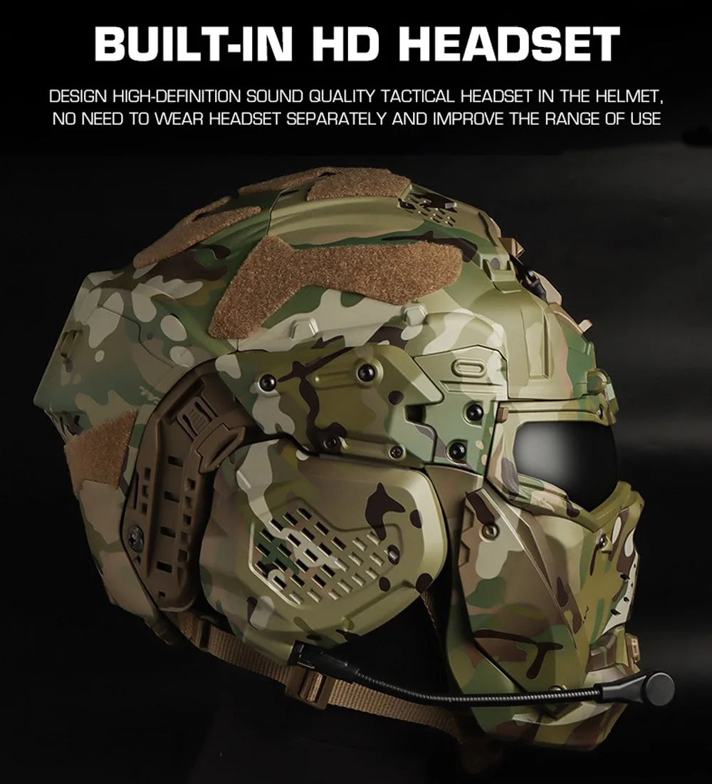 Military-Outdoors full face protective helmet with built-in HD headset in camouflage design