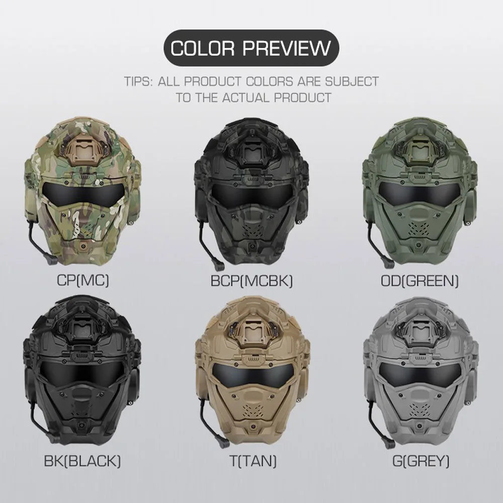 Color preview of Military-Outdoors full face protective helmet in six styles including green and black options