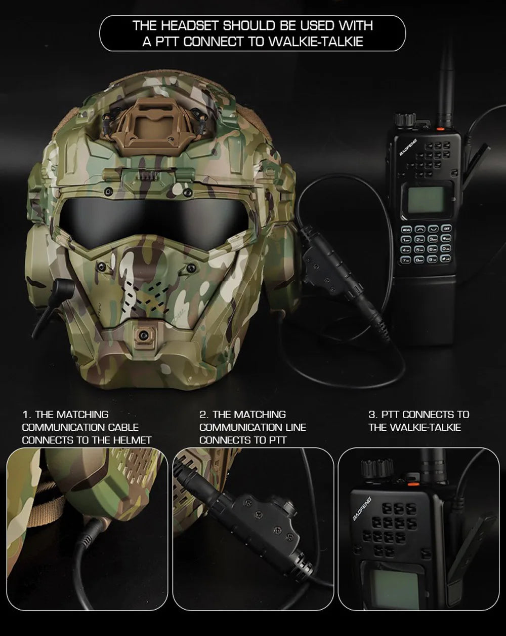 Military-Outdoors full face protective helmet with communication setup for enhanced tactical use