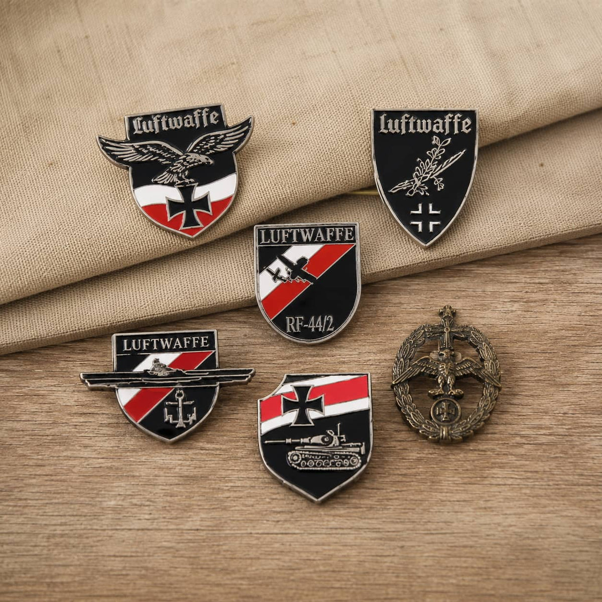 Set of German badge replicas featuring Luftwaffe designs for collectors