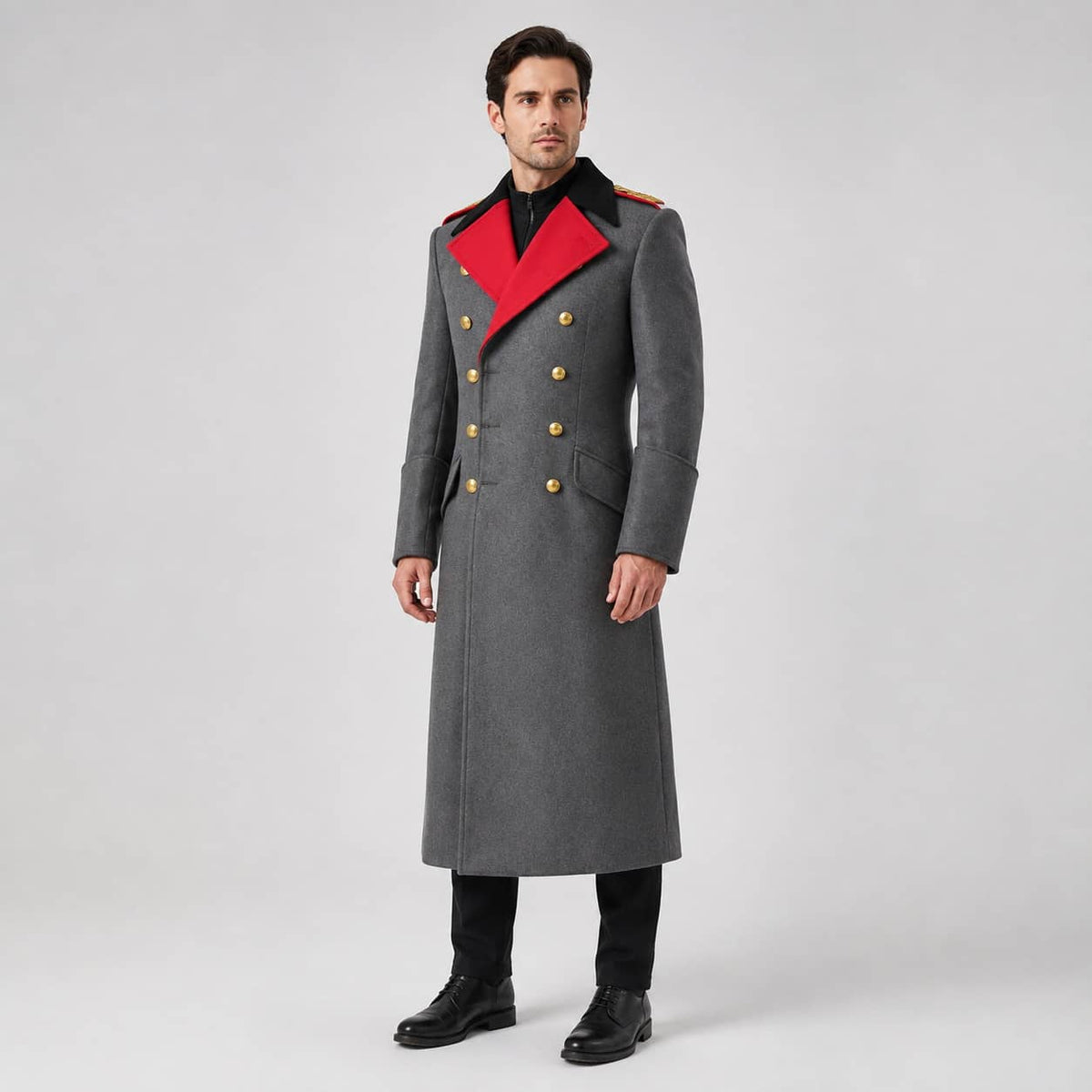 German overcoat replica in gray with red collar for historical reenactments