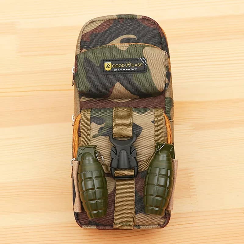 Camo pencil case with grenade design for kids' school supplies