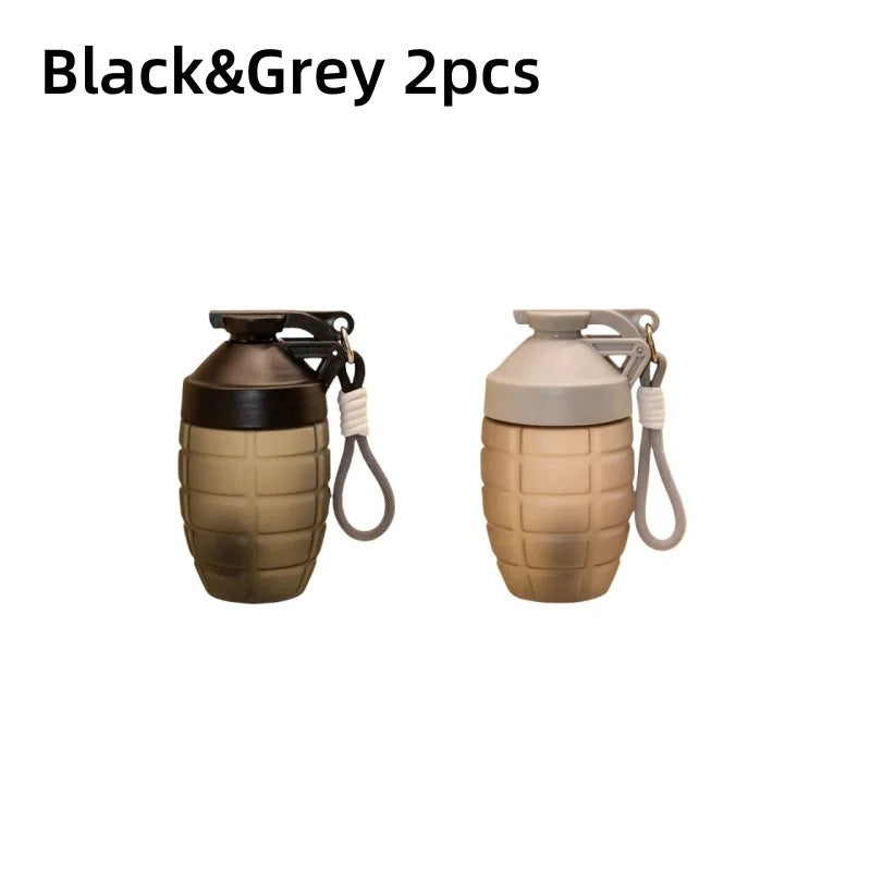 Set of two grenade shaped water bottles in black and grey for outdoor enthusiasts