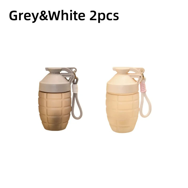 Set of two grenade shaped water bottles in grey and white for outdoor activities