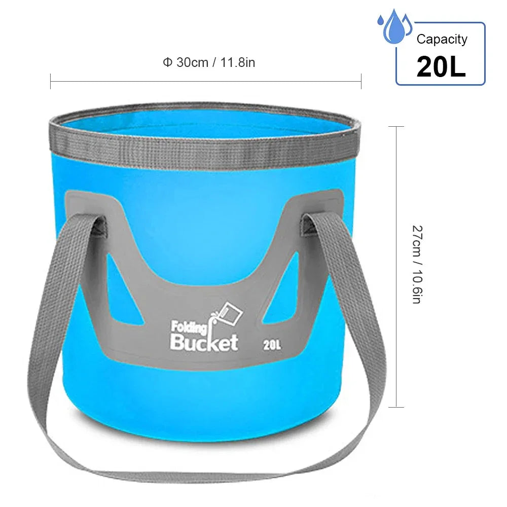 Blue Folding Bucket with 20L capacity for high pressure camping shower
