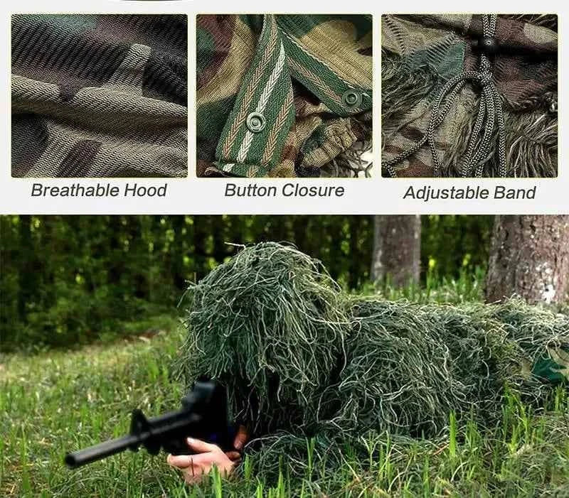 Military-Outdoors Hunting Ghillie Suit with breathable hood and adjustable band for wildlife camouflage