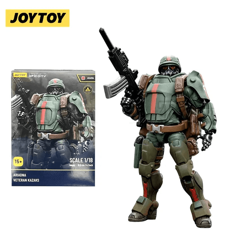 JOYTOY action figure in green military uniform holding a rifle and equipped with gear