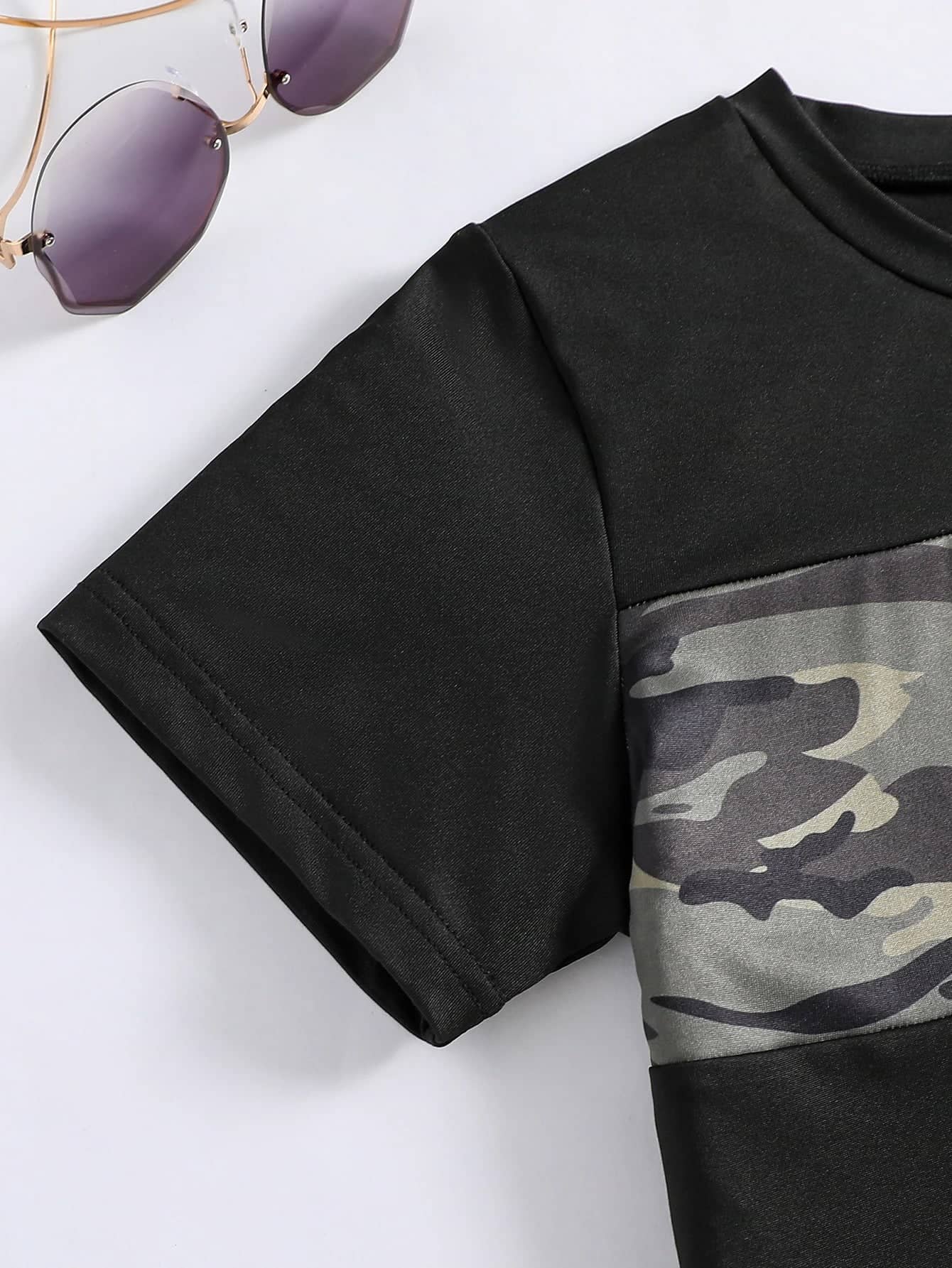 Kids camouflage clothing set featuring a trendy black and gray t-shirt design with stylish details