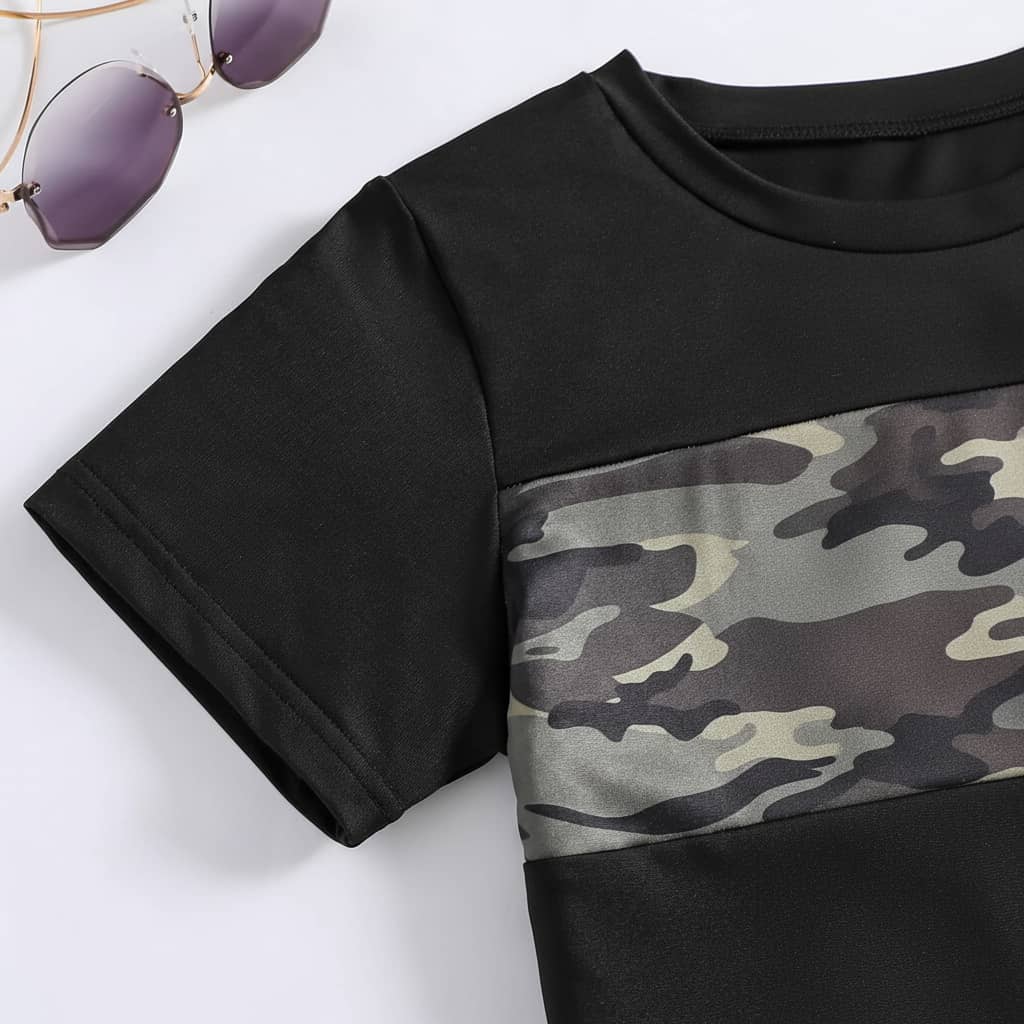 Kids camouflage clothing set featuring a trendy black and gray t-shirt design with stylish details