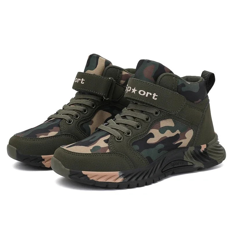 Camo Green Kids Warm Sneakers with Adjustable Strap for Outdoor Activities