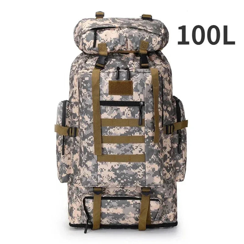 Large tactical backpack in camouflage with 100L capacity for outdoor adventures