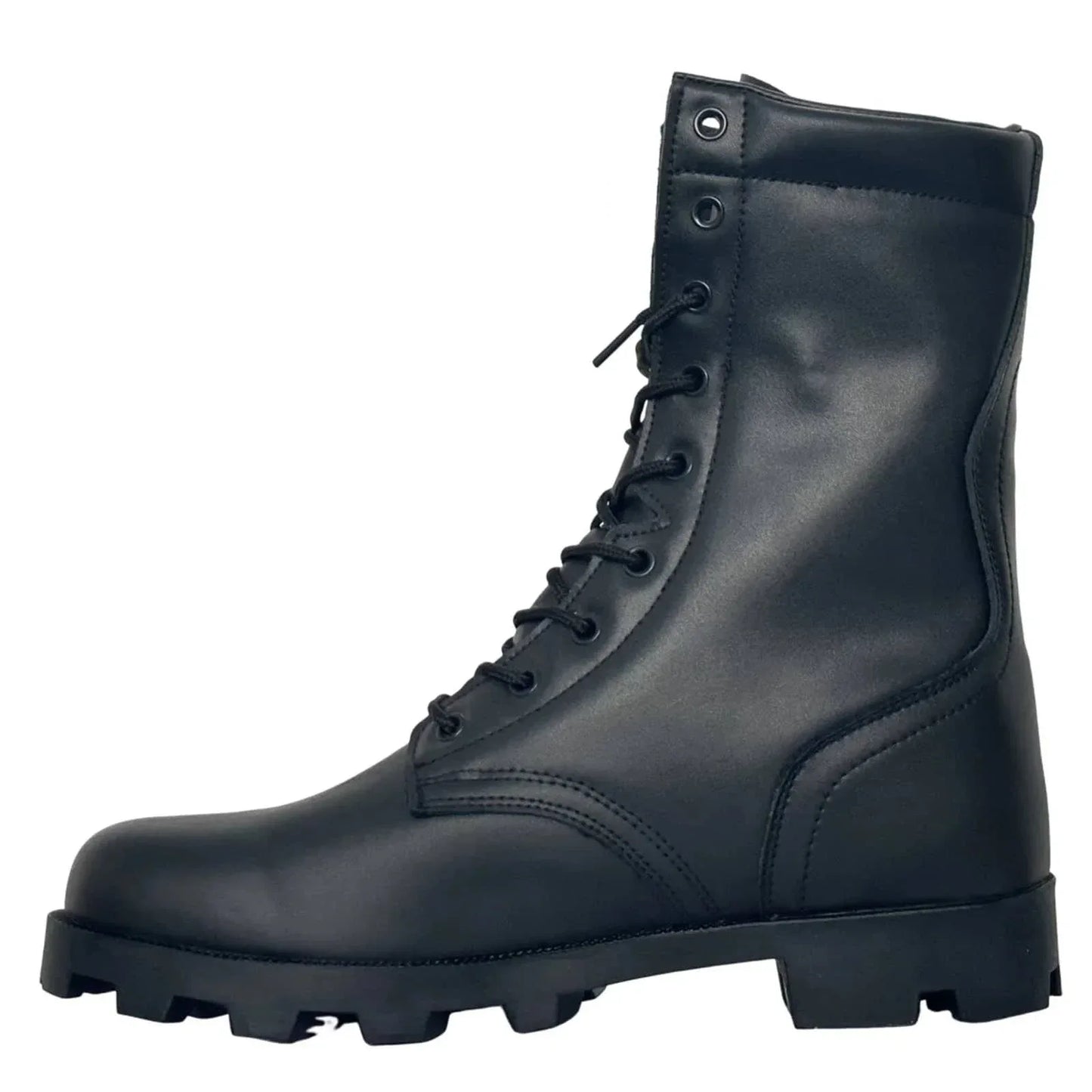 Black leather military-style boots for tactical use and durability