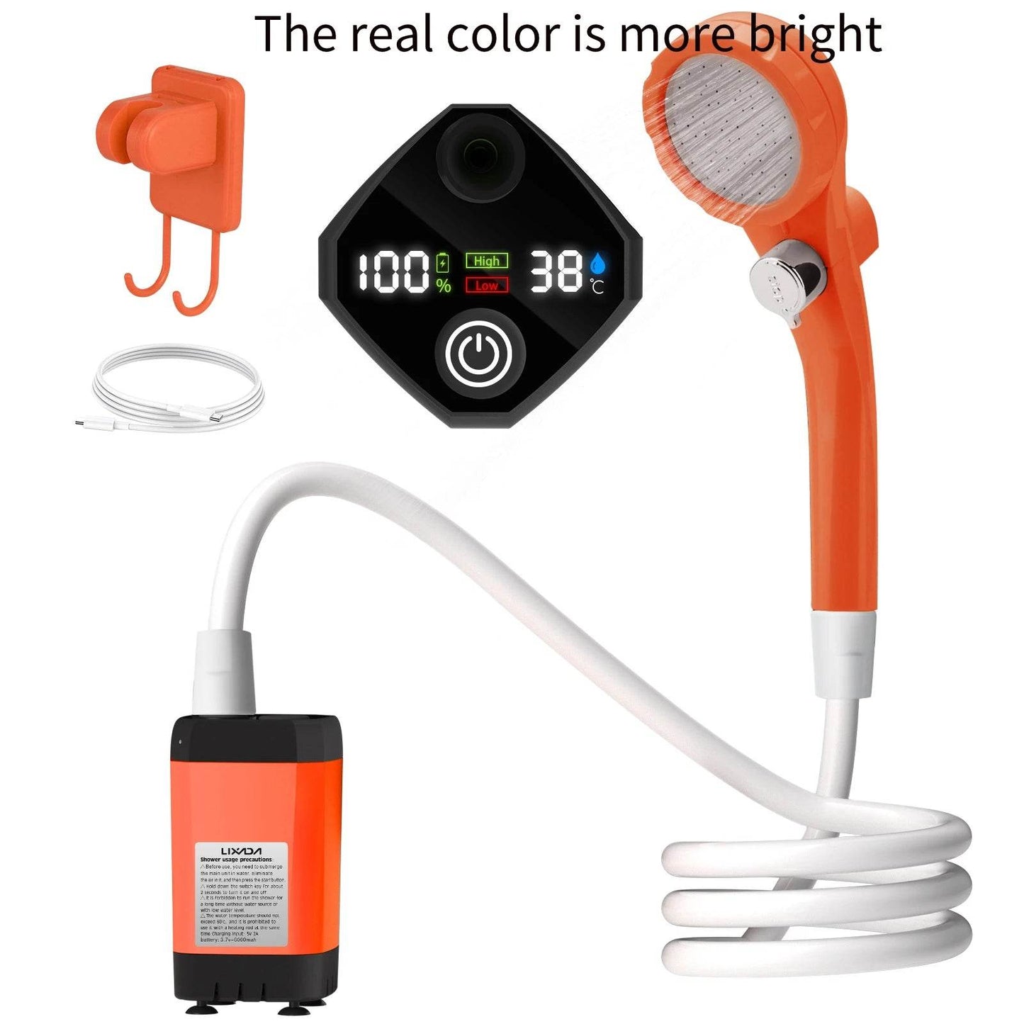 Portable outdoor shower kit with bright orange showerhead, heating control, and water pump for camping