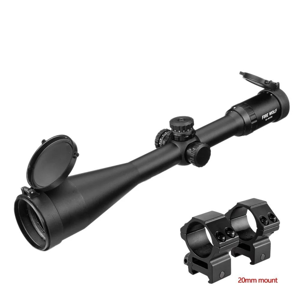 Long range riflescope with adjustable magnification and 20mm mount