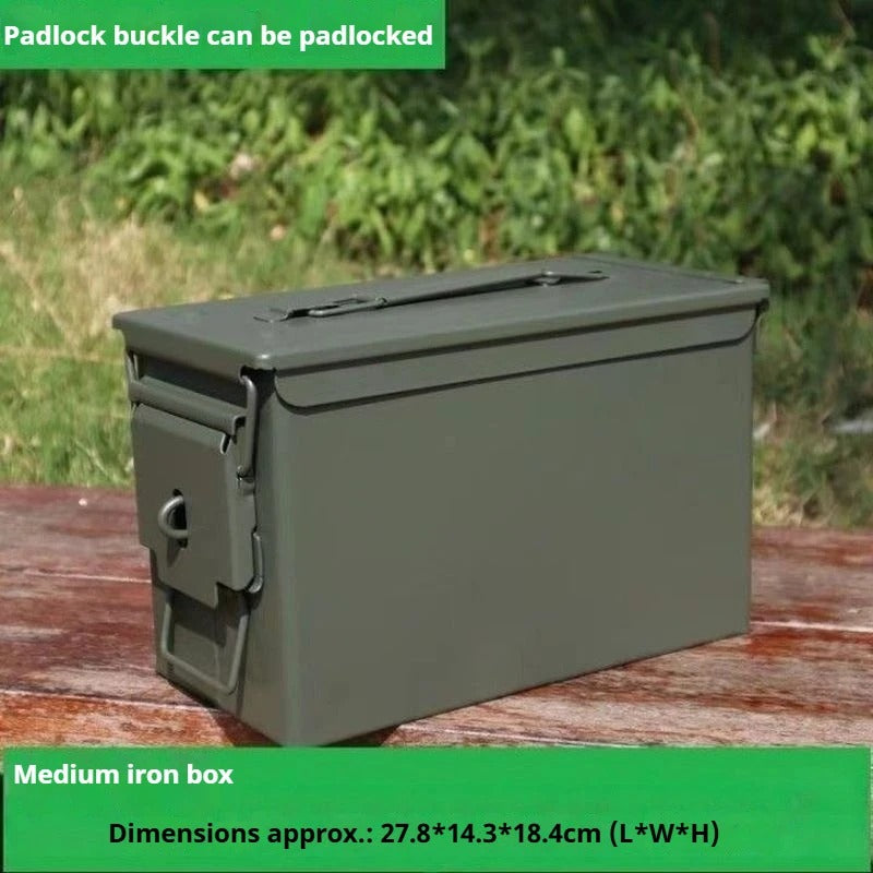 Green metal storage box with a padlock buckle, ideal for secure outdoor storage