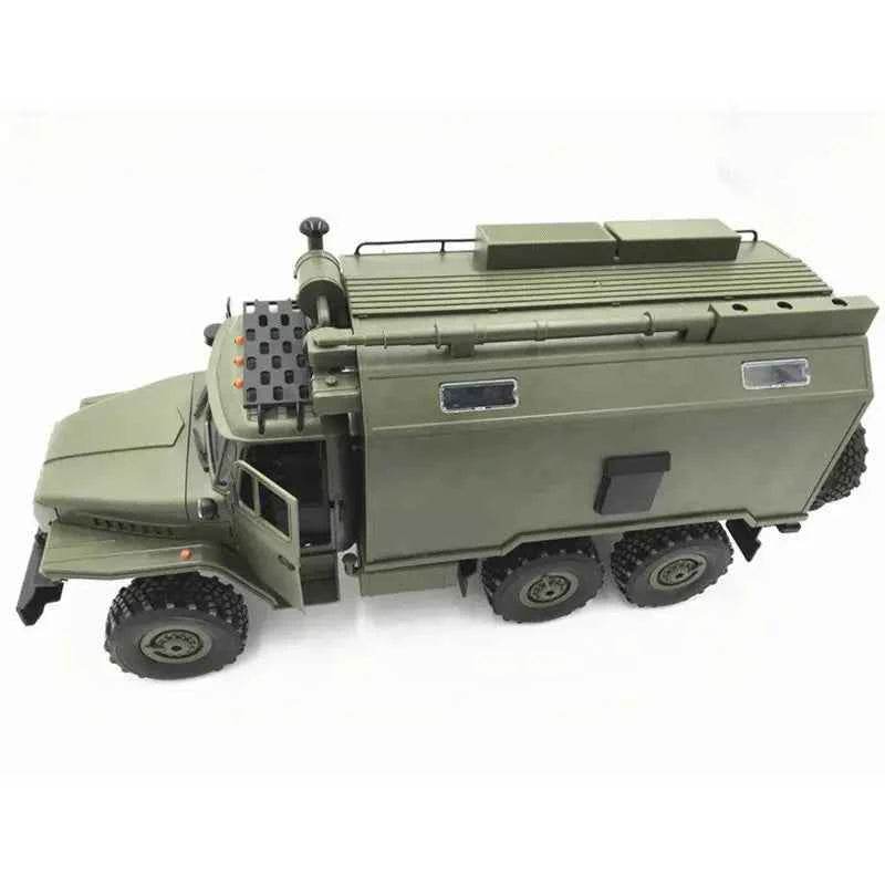 Military RC truck with detailed design, rugged tires, and versatile features for outdoor adventures