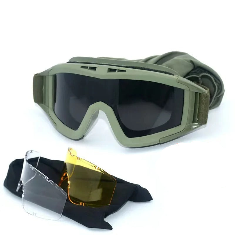 Anti-fog military eyewear with interchangeable lenses and protective case for outdoor use