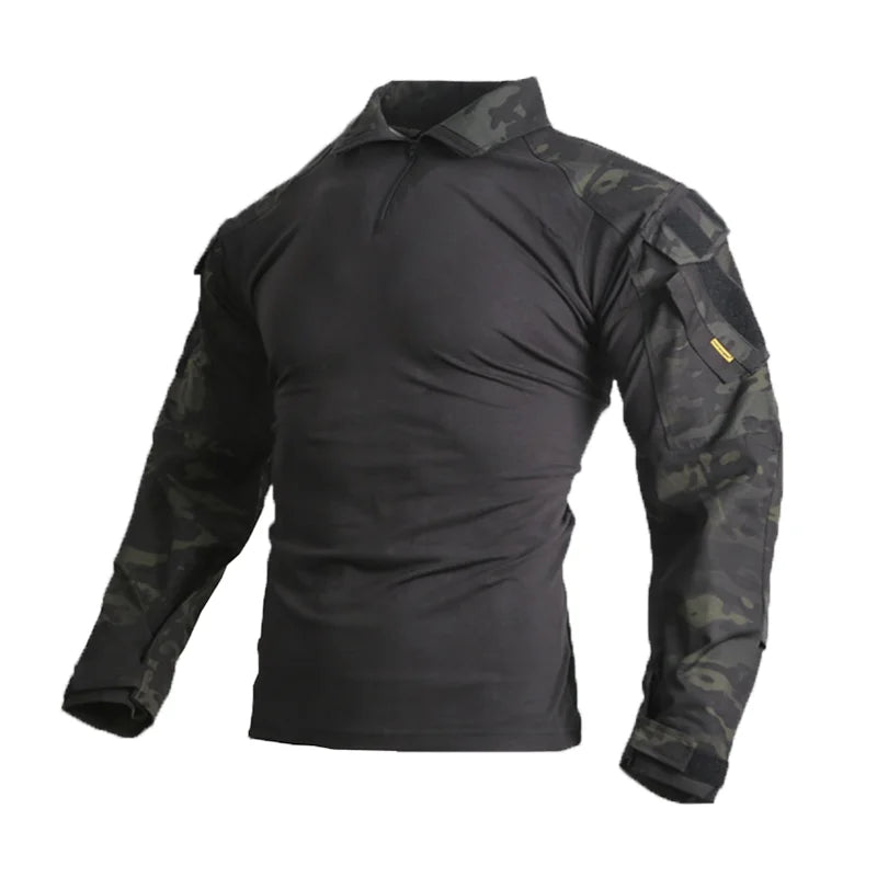 Military combat shirt with camouflage sleeves and durable fabric for tactical use