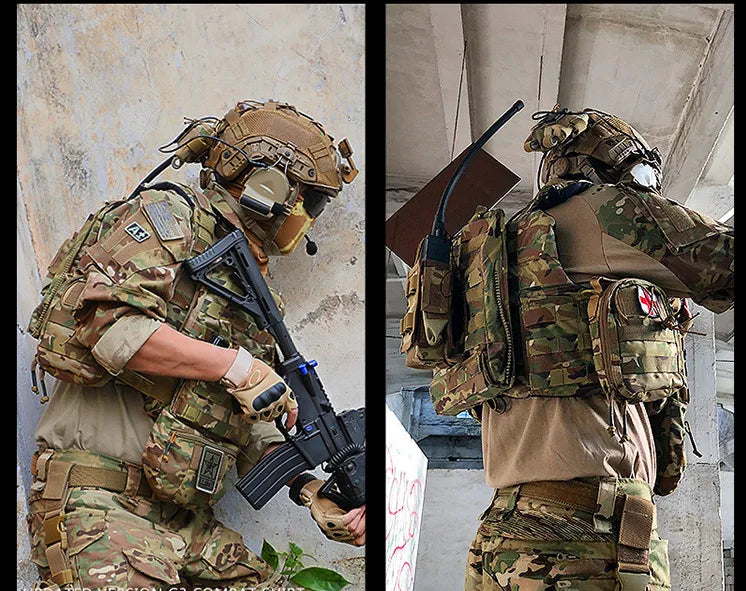 Military combat shirt featured on tactical soldiers in action with gear and camouflage patterns