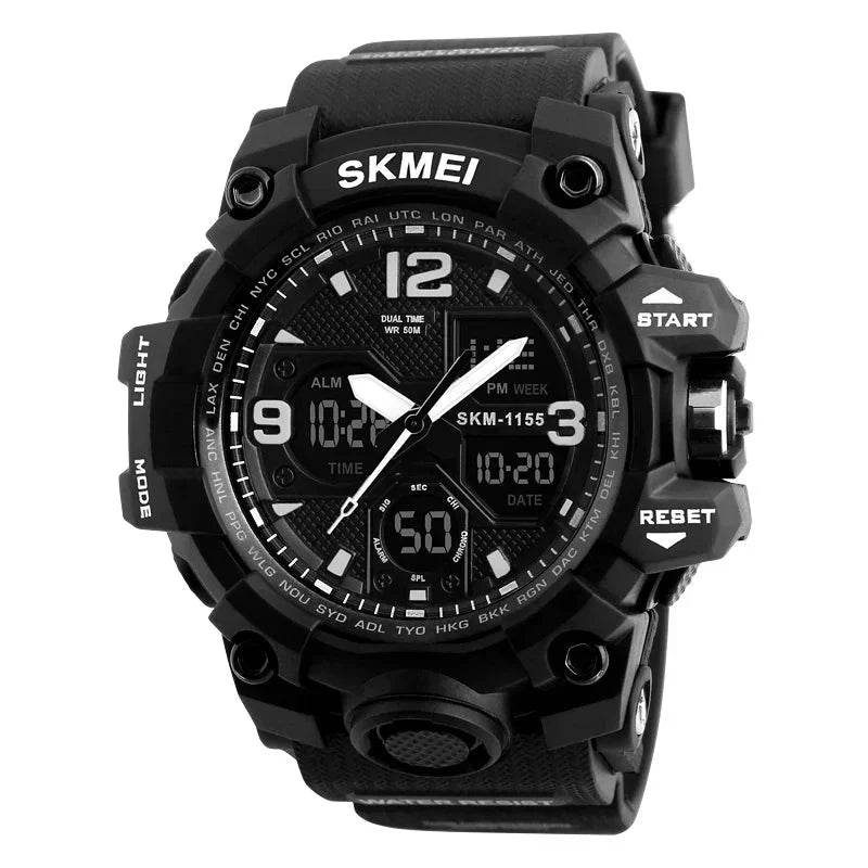 Black Military Digital Watch with Dual Time and Alarm Features