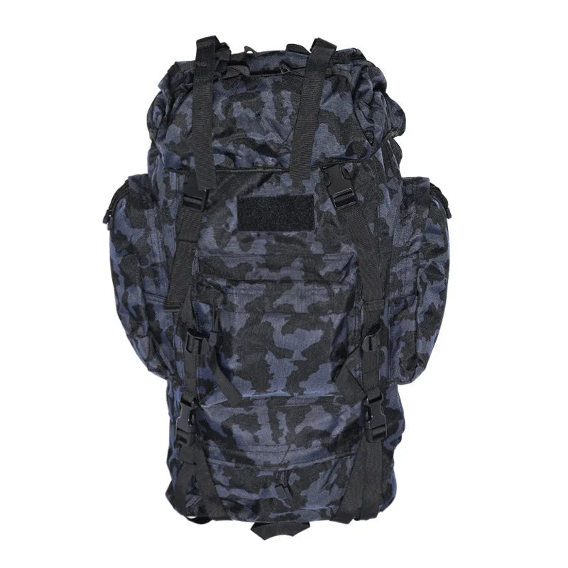 Military large rucksack in black camouflage with multiple compartments and adjustable straps