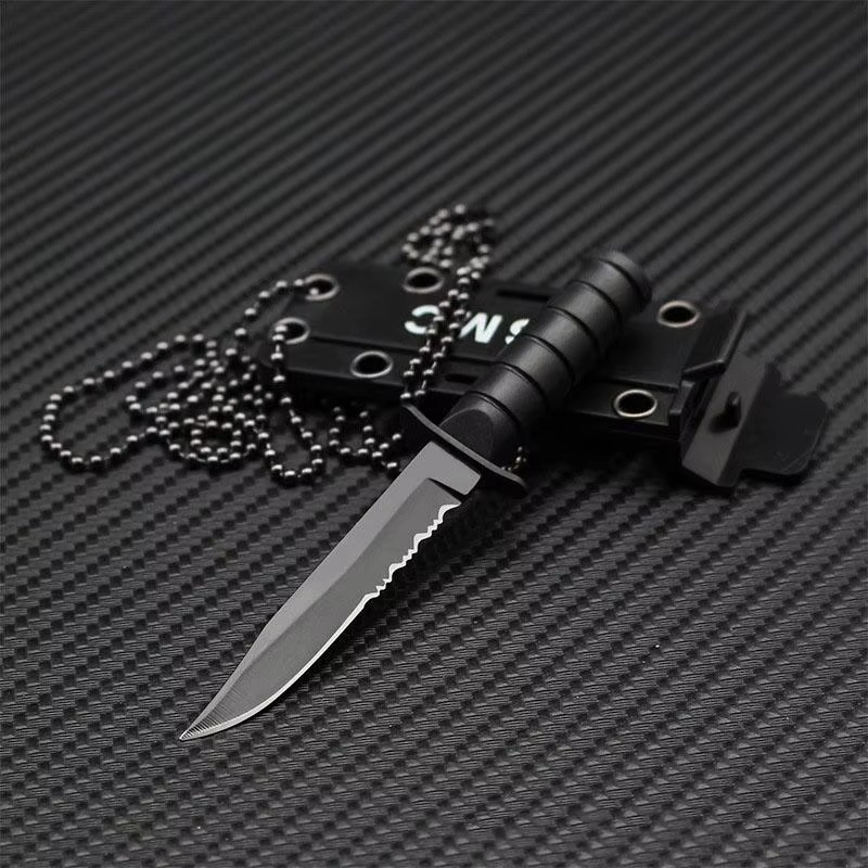 Mini survival knife with a sleek design, black handle and protective case, ideal for outdoor adventures- Military-Outdoors.com
