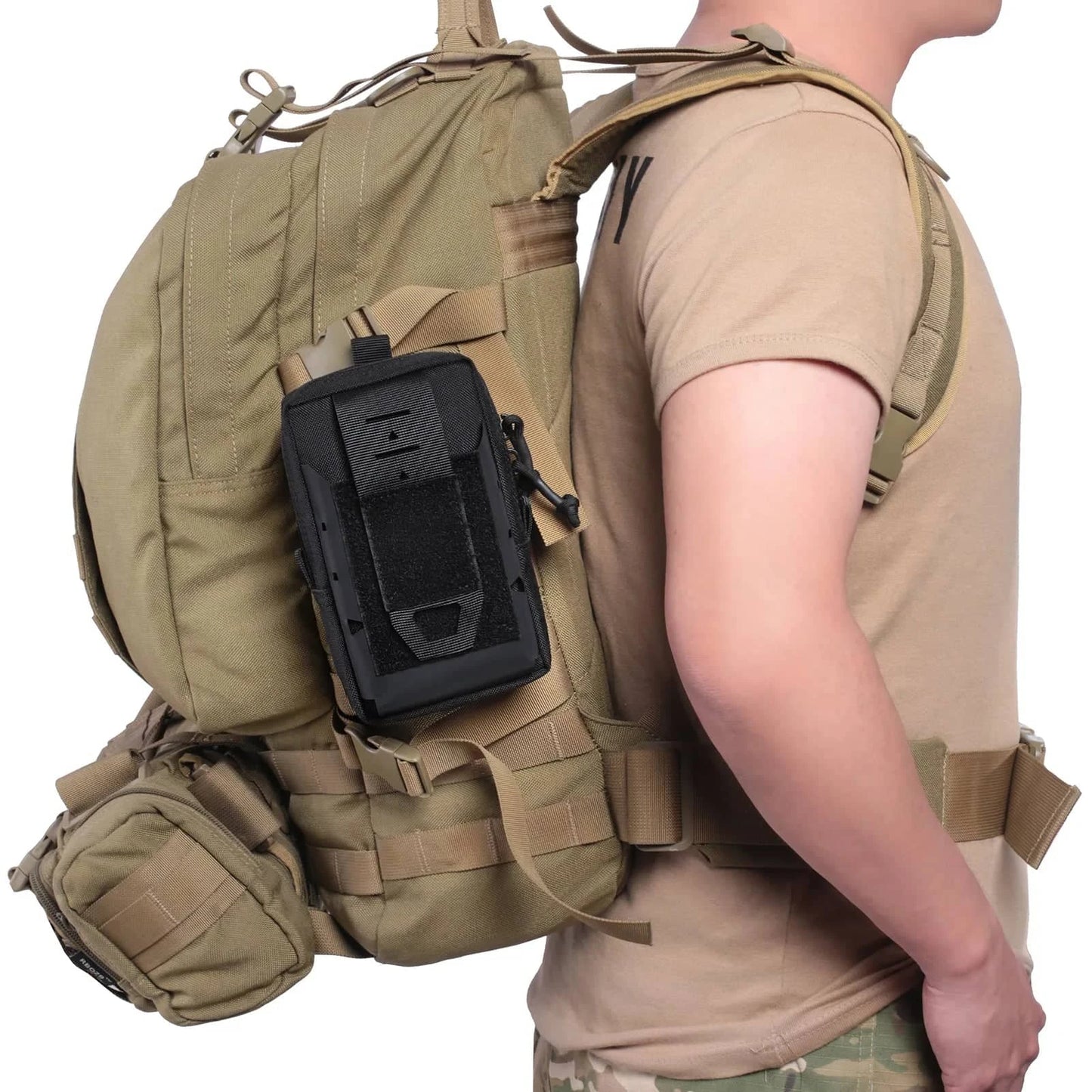 Military multi-function pouch attached to a tactical backpack for outdoor and survival use