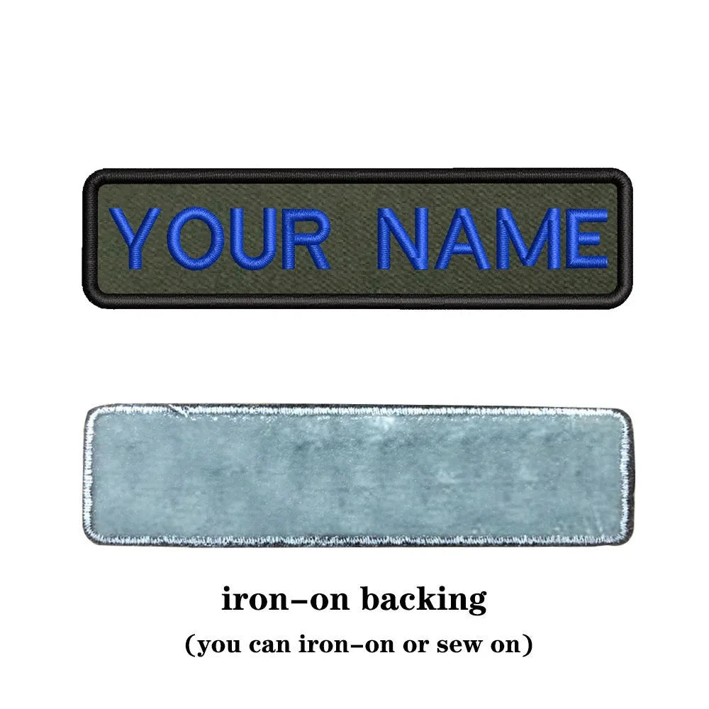 Personalized military name patch for clothes in olive green with blue lettering and iron-on backing