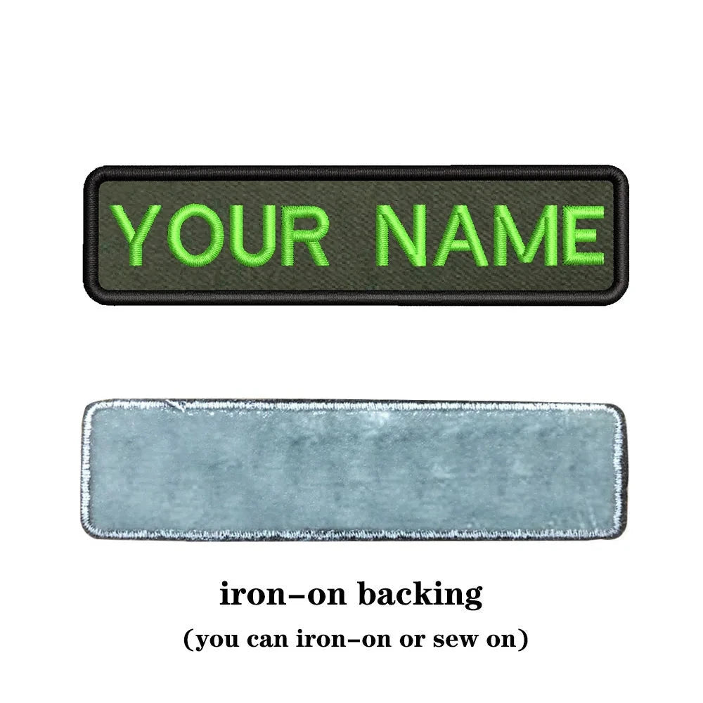 Customizable military name patch for clothes with iron-on backing in green lettering