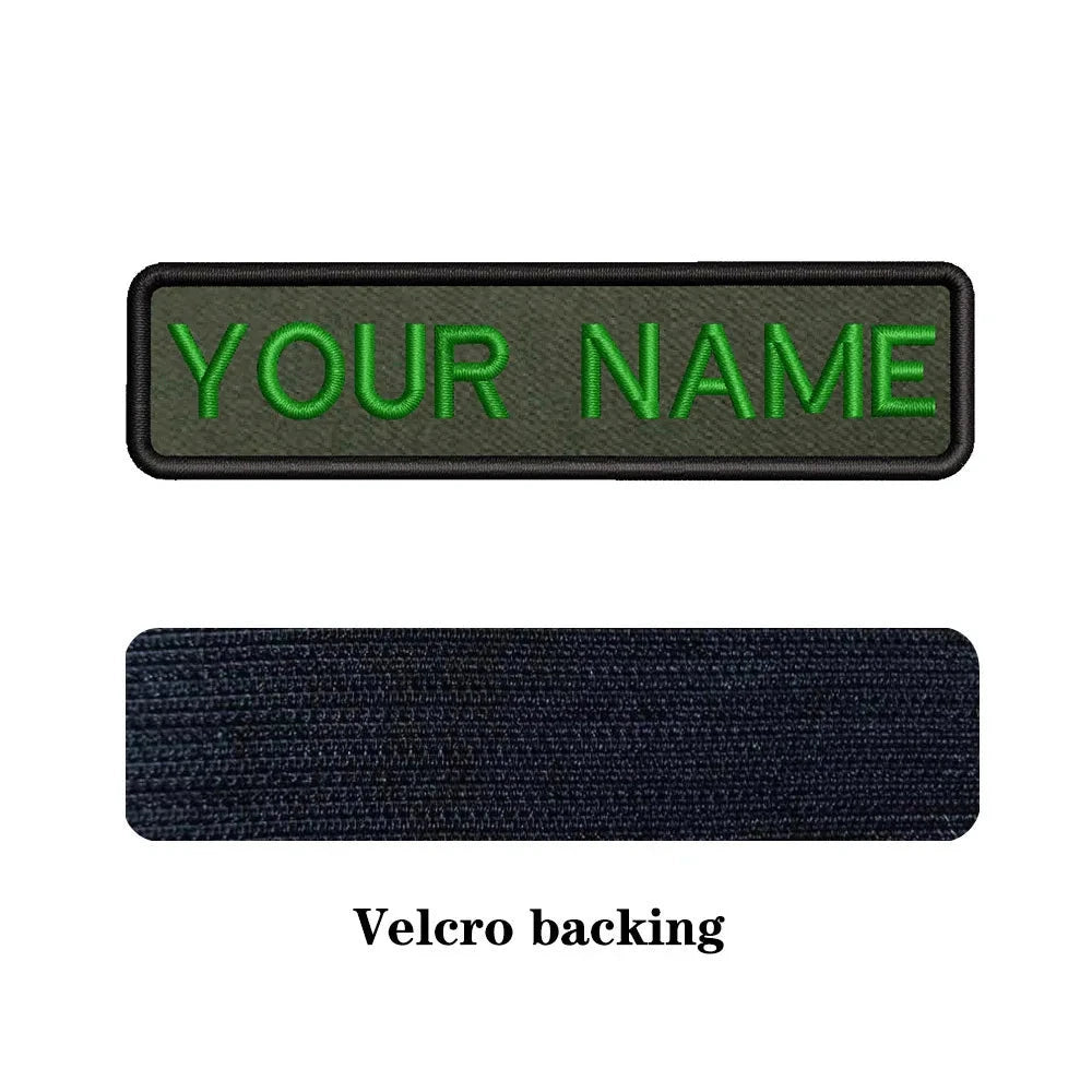 Customizable military name patch for clothes with green lettering and Velcro backing