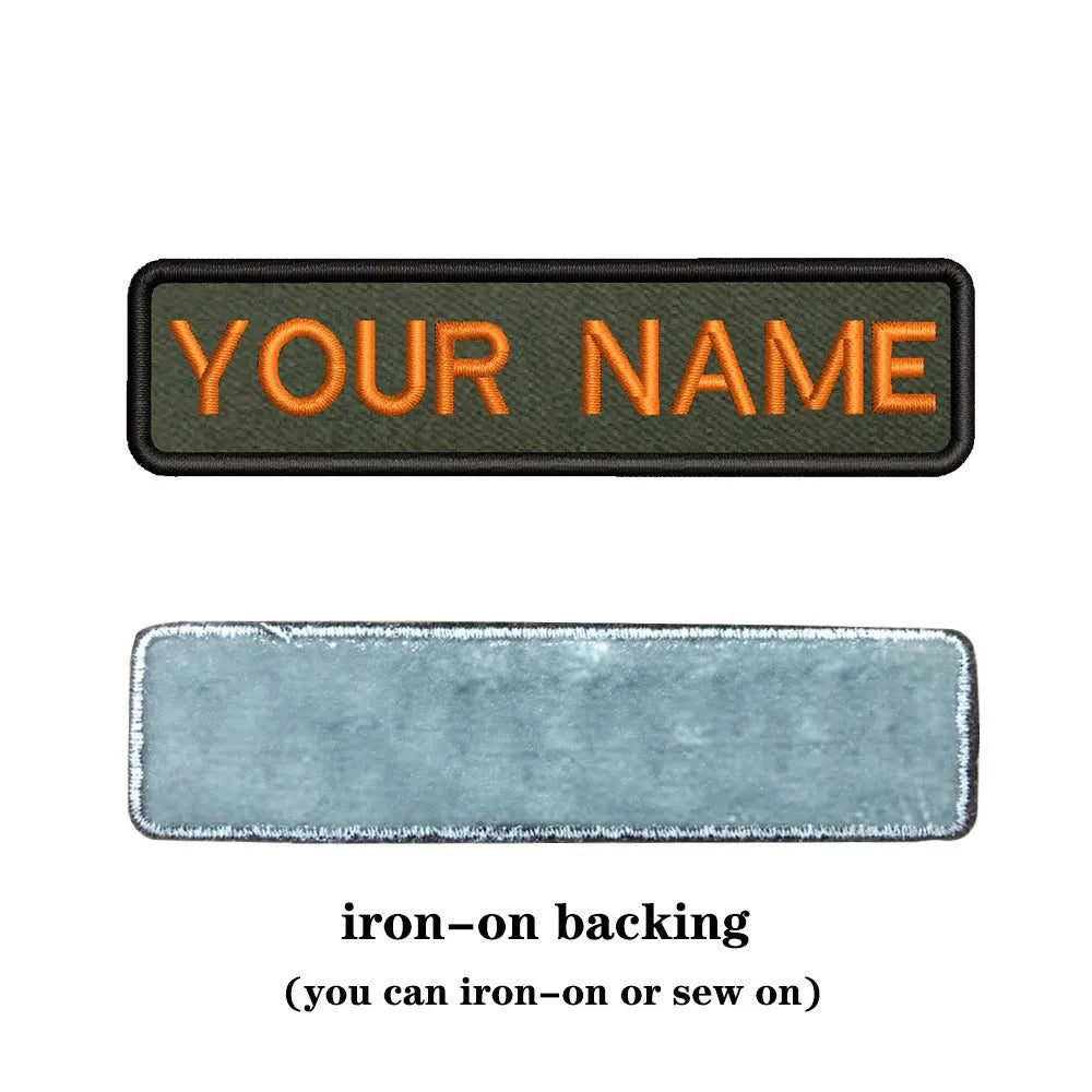 Customizable military name patch for clothes with iron-on backing in green and orange