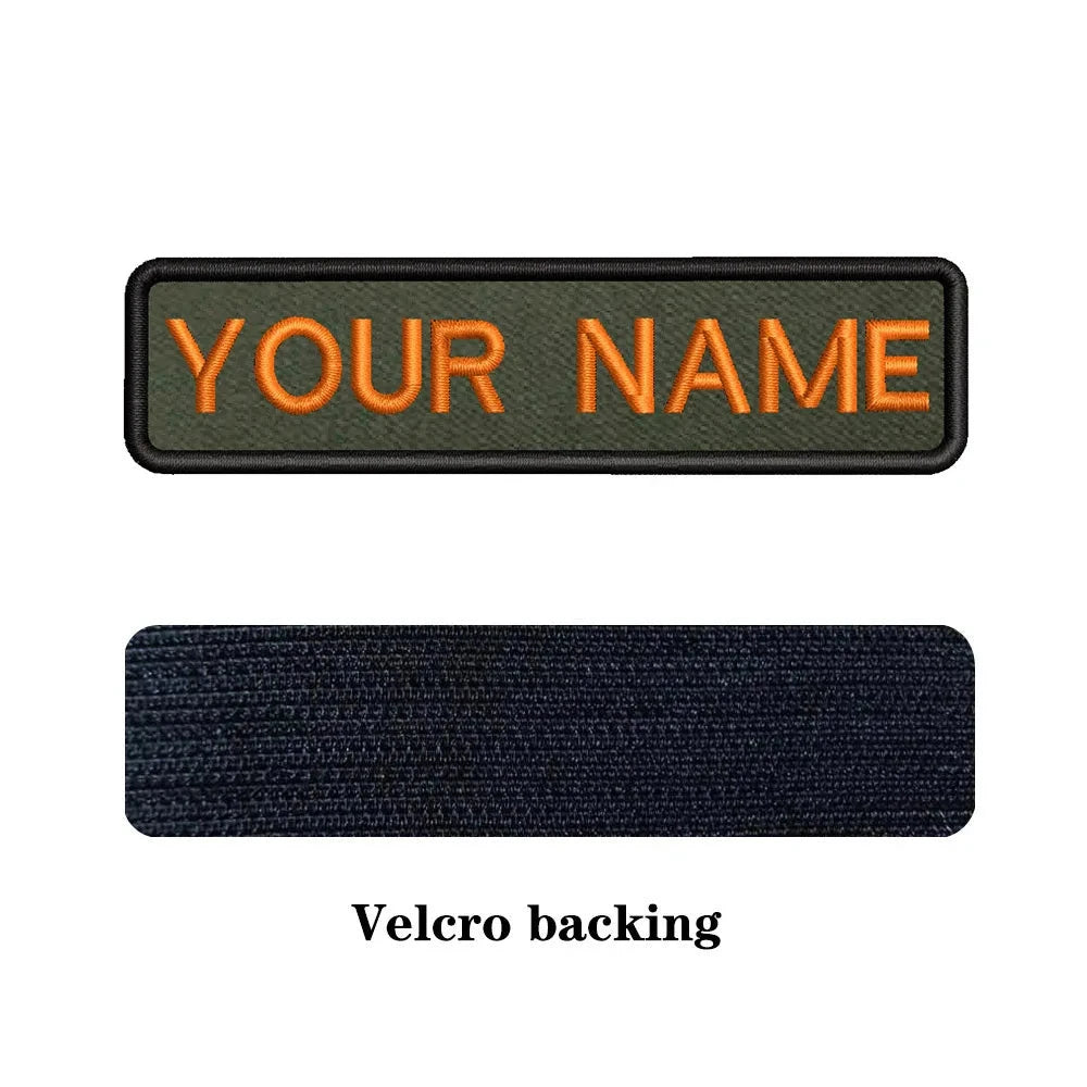 Custom military name patch for clothes with Velcro backing in olive green and orange lettering