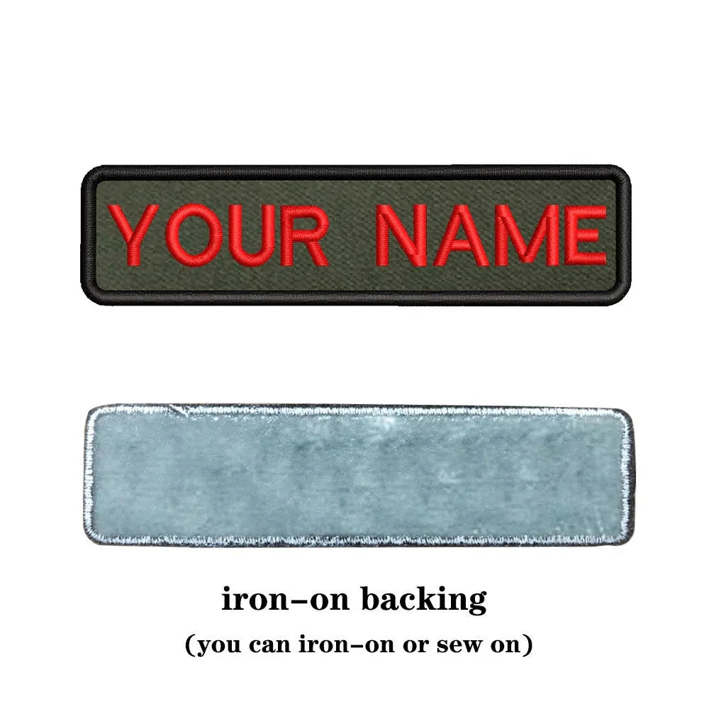 Customizable military name patch for clothes with iron-on backing and red lettering