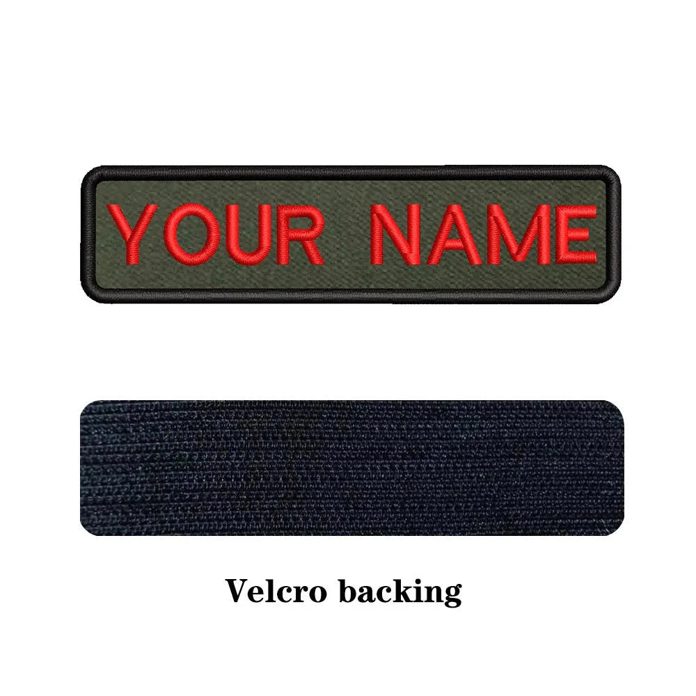 Custom military name patch for clothes with Velcro backing and red lettering on green background