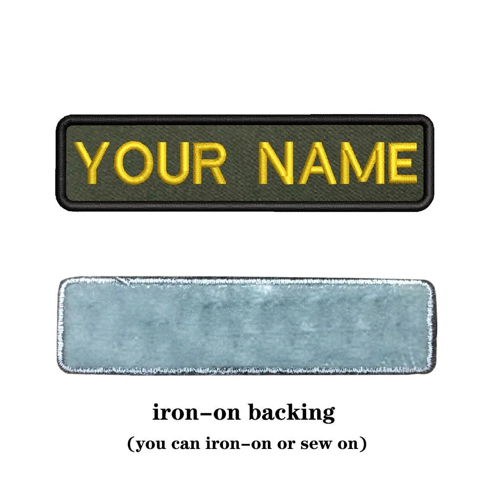 Customizable military name patch for clothes with iron-on backing in green and yellow design