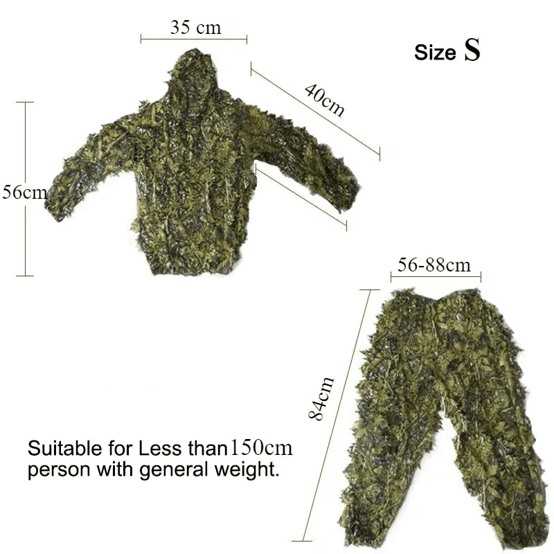 Size S outdoor camouflage suit designed for outdoor activities with natural leaf patterns