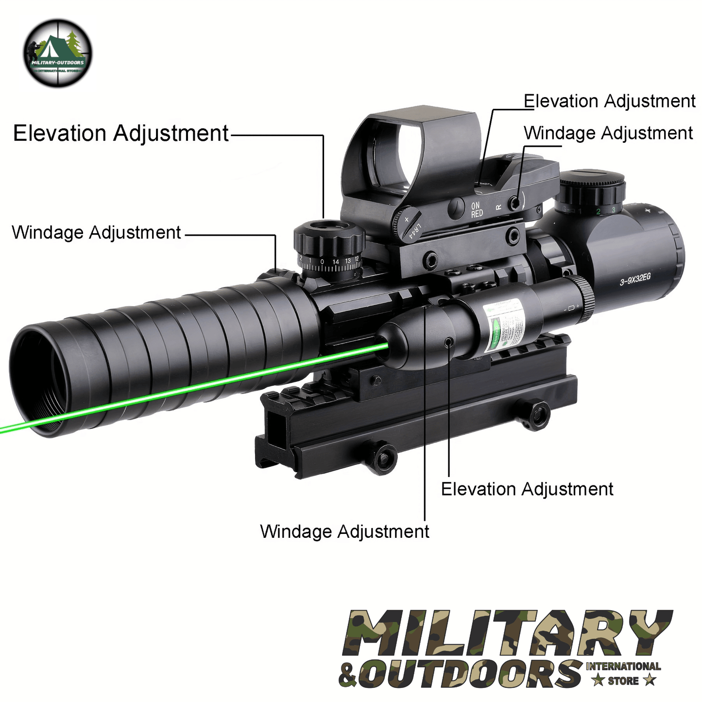 4-in-1 Rifle Scope Combo - 3-9x32mm Red Dot Sight Laser and Slot Riser - Military-Outdoors.com