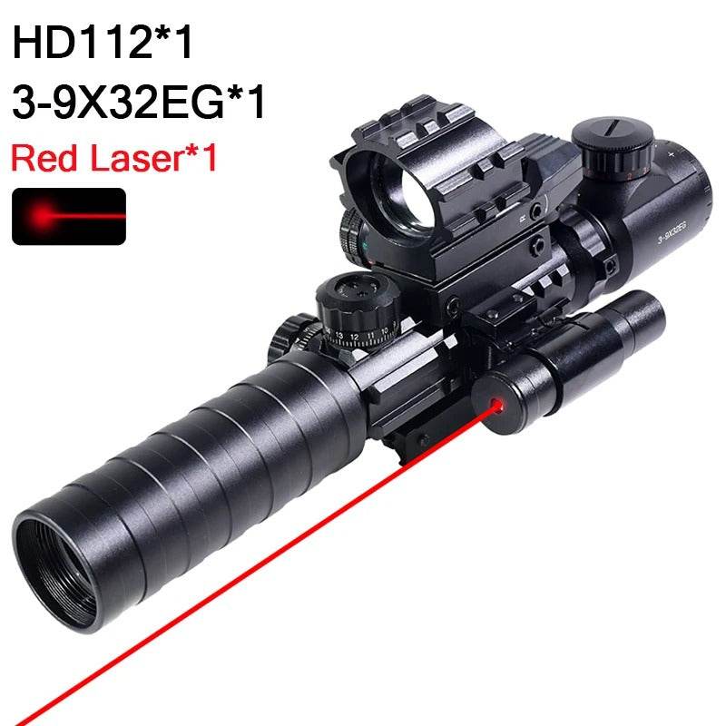 4-in-1 Rifle Scope Combo - 3-9x32mm Red Dot Sight Laser and Slot Riser - Military-Outdoors.com