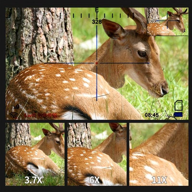 Night vision monocular rifle scope showcasing deer view with magnification levels