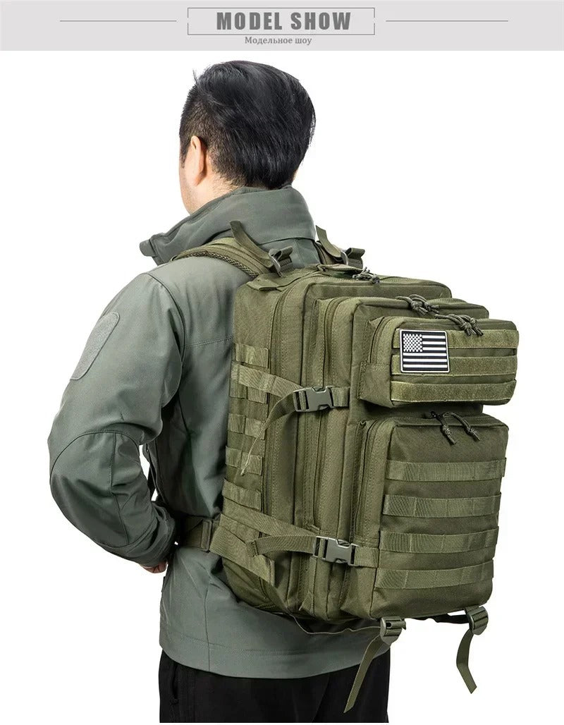 45L military rucksack in olive green, designed for outdoor activities and tactical use