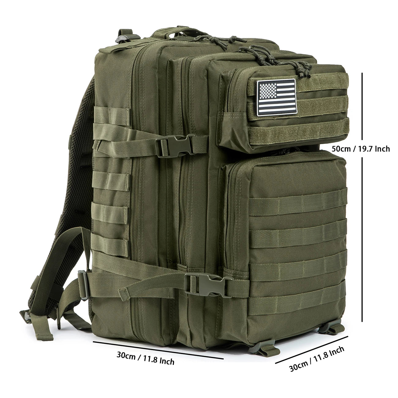 45L military rucksack in olive green with adjustable straps and multiple compartments