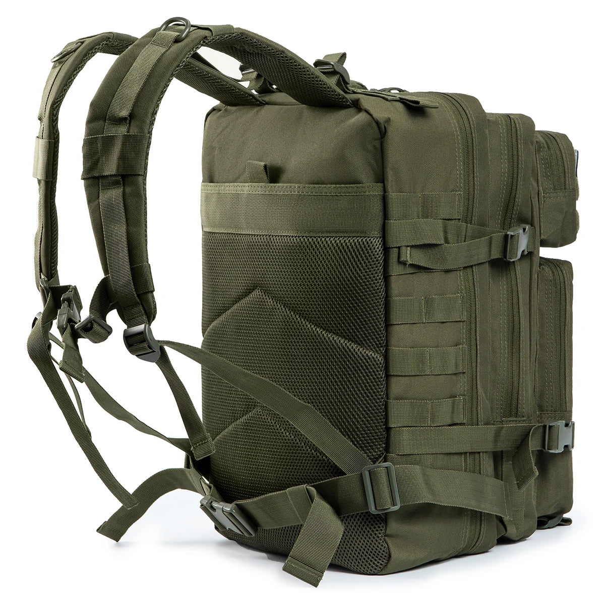 Olive green 45L military rucksack with adjustable straps and multiple compartments for outdoor activities