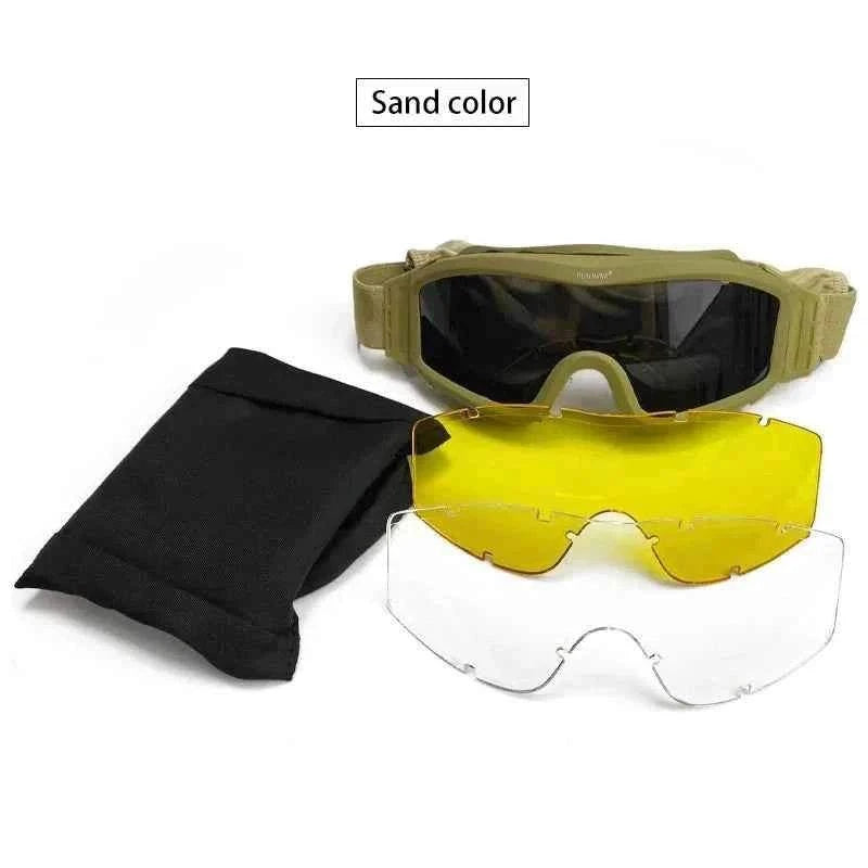 Military shooting sunglasses in sand color with interchangeable lenses and protective pouch