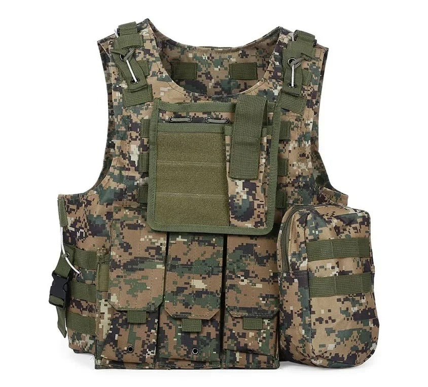 Military tactical vest in camo pattern featuring multiple pockets for gear and accessories