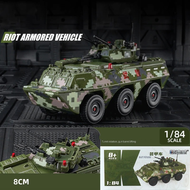 Riot Armored Vehicle Models in Camouflage Design with Moveable Turret and Gun Barrel for Military Vehicle Models