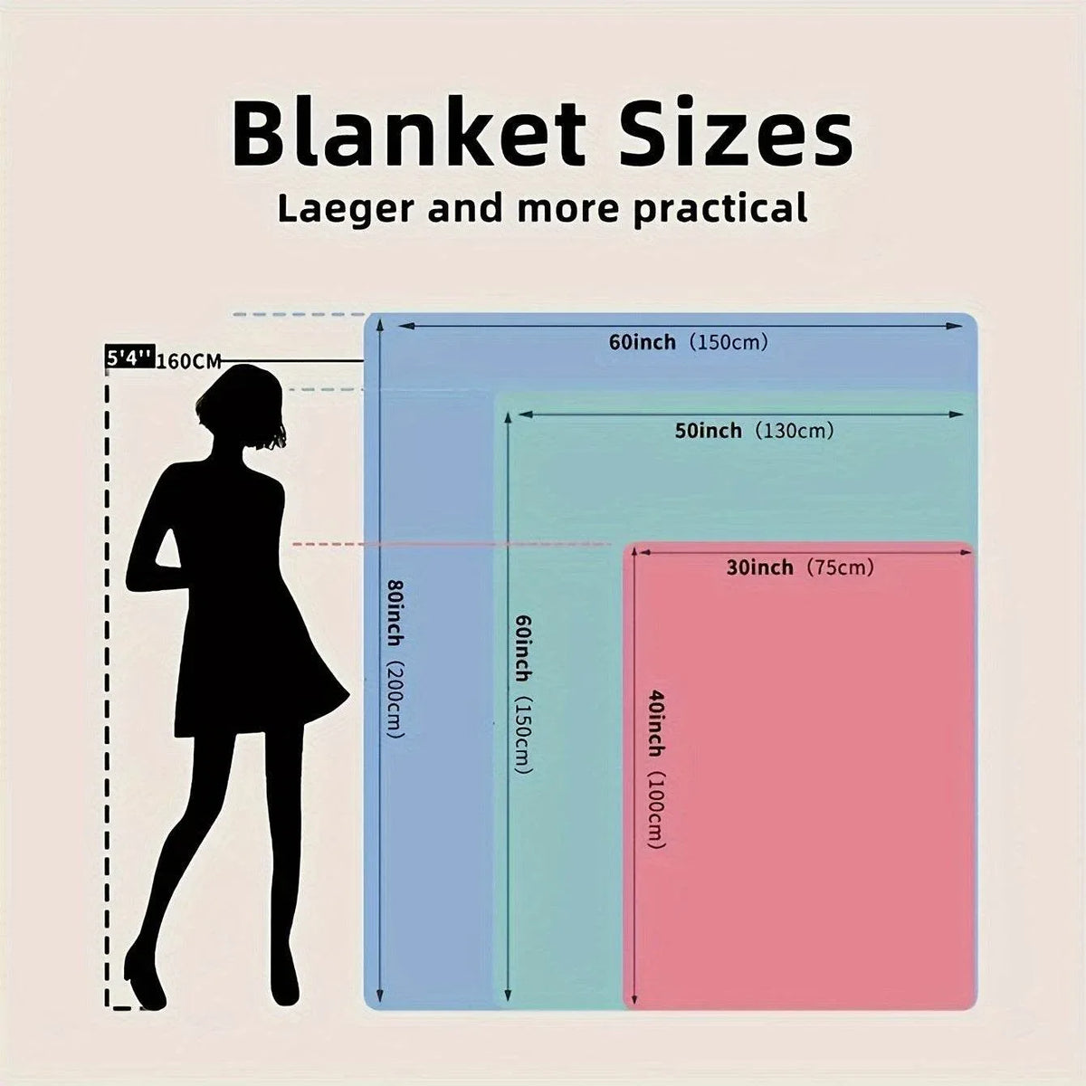 Size guide for camouflage flannel blanket showing dimensions for various sizes