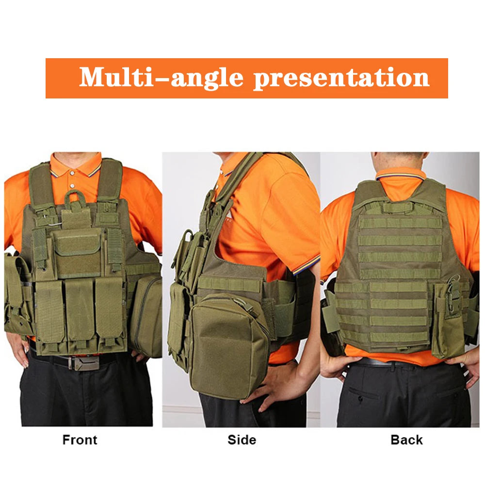 MOLLE extended vest in olive green shown from front, side, and back for tactical versatility