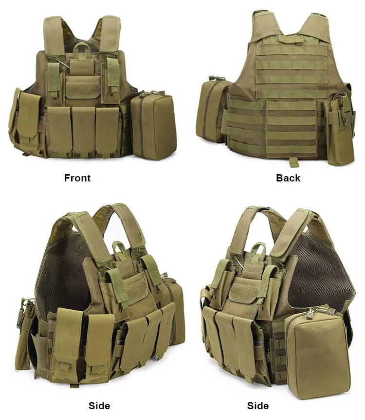 MOLLE extended vest in green with multiple pockets and tactical attachments for outdoor activities