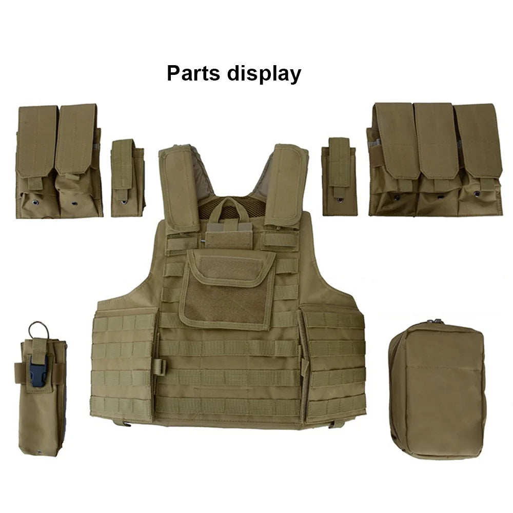 MOLLE extended vest in tan color with detachable pouches and tactical accessories for outdoor activities