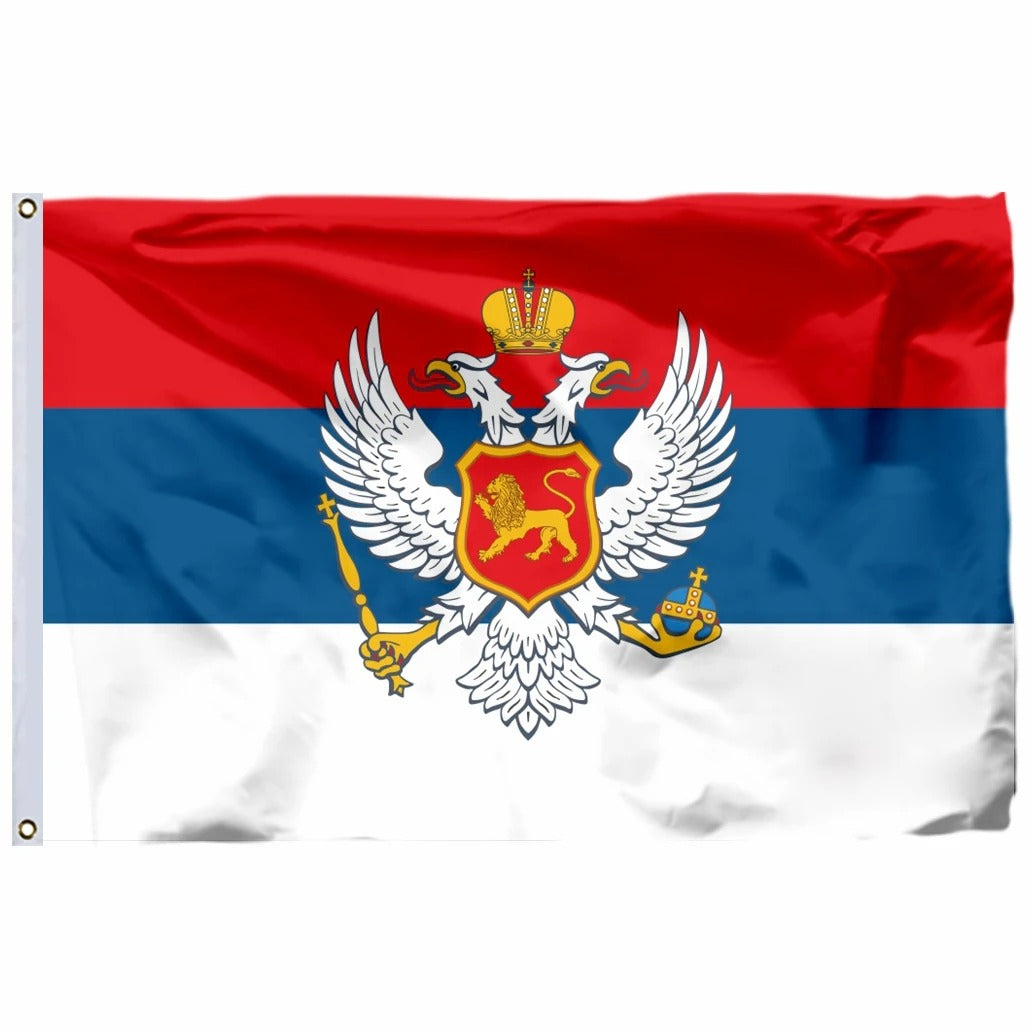 Montenegro and Serbia flags displayed together, showcasing vibrant colors and national emblems